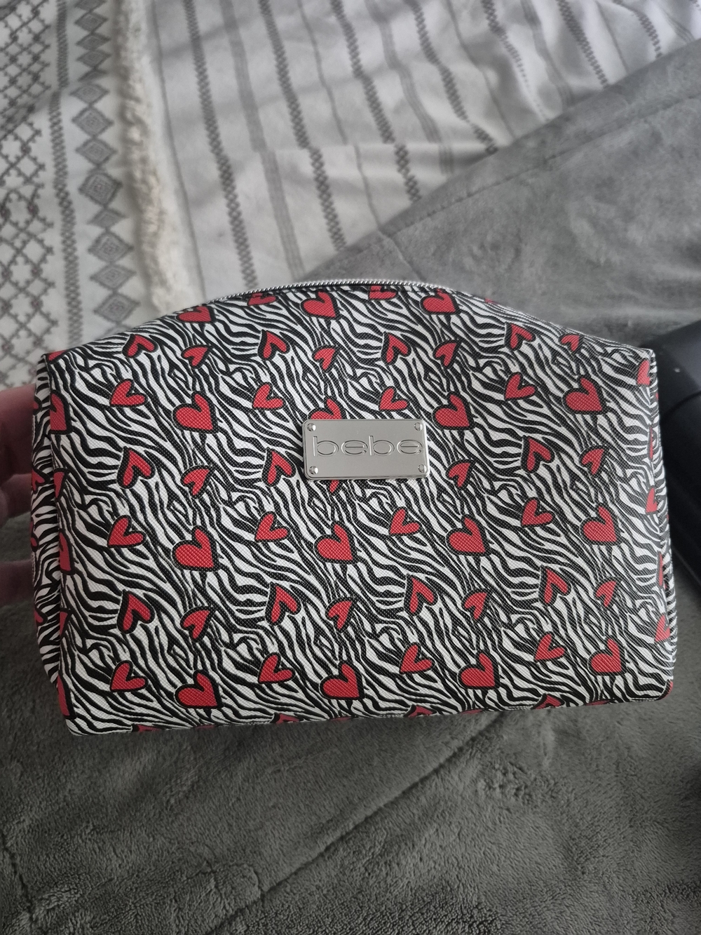 bebe Zebra Print Cosmetic Pouch with Red Hearts